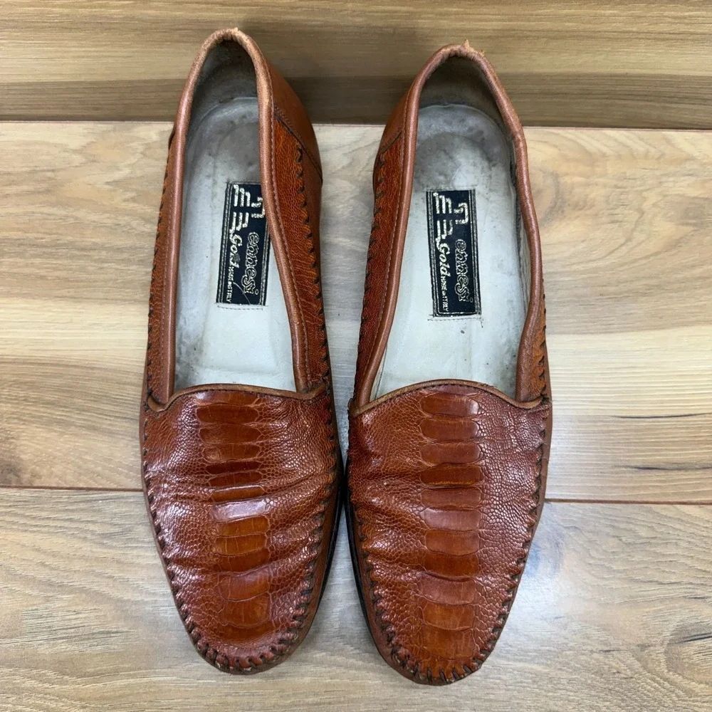 Ennesi Gold Italian Ostrich Leg Loafers Mens 9 M Whiskey Brown Slip On Business